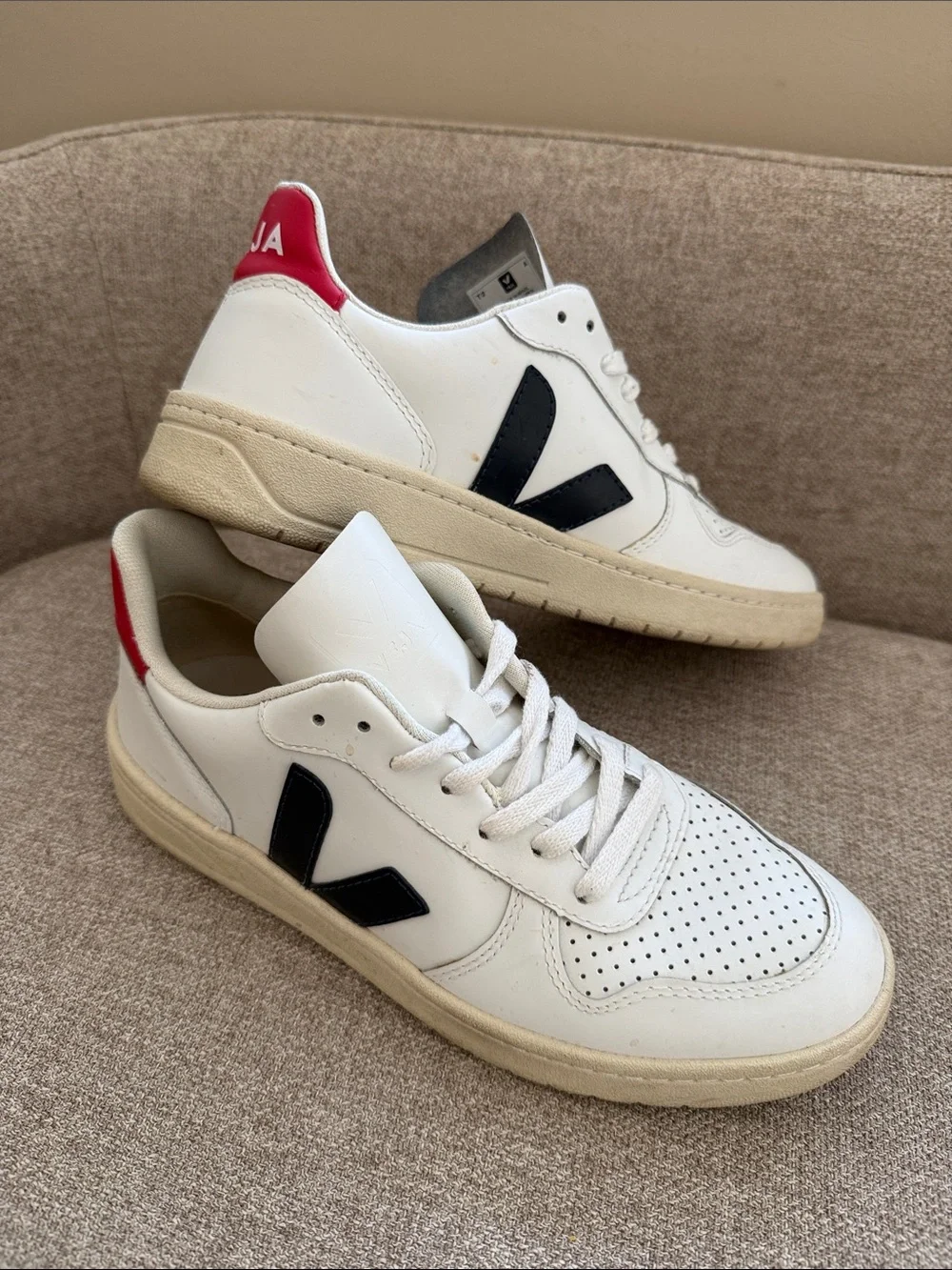 Veja White Leather Sneakers with Navy V and Red Heel Accent